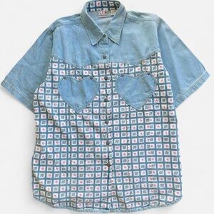 Vintage Stefano Lightweight Denim Heart Print Short Sleeve Button Down Shirt